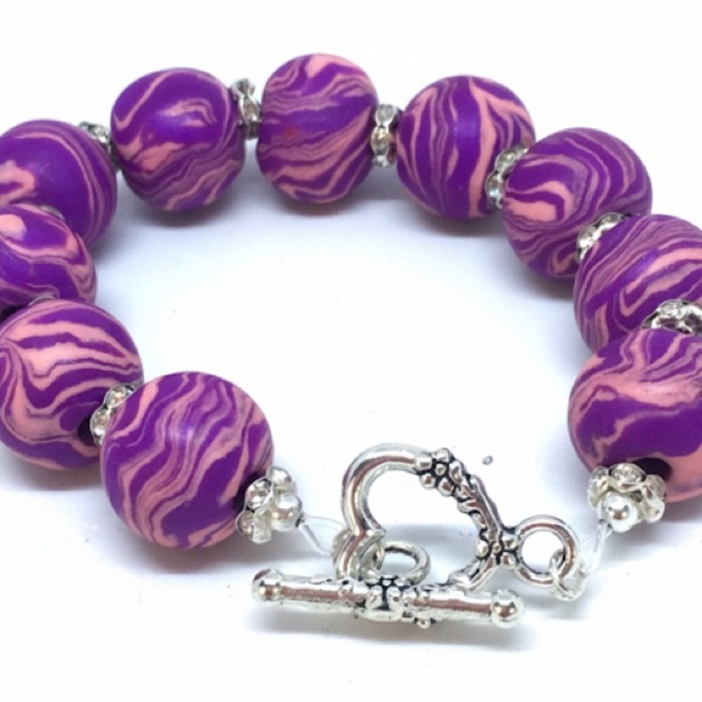 Unique Artisan Purple Marble-Look Beaded Bracelet with Rhinestone Spacers - Picture 9 of 11
